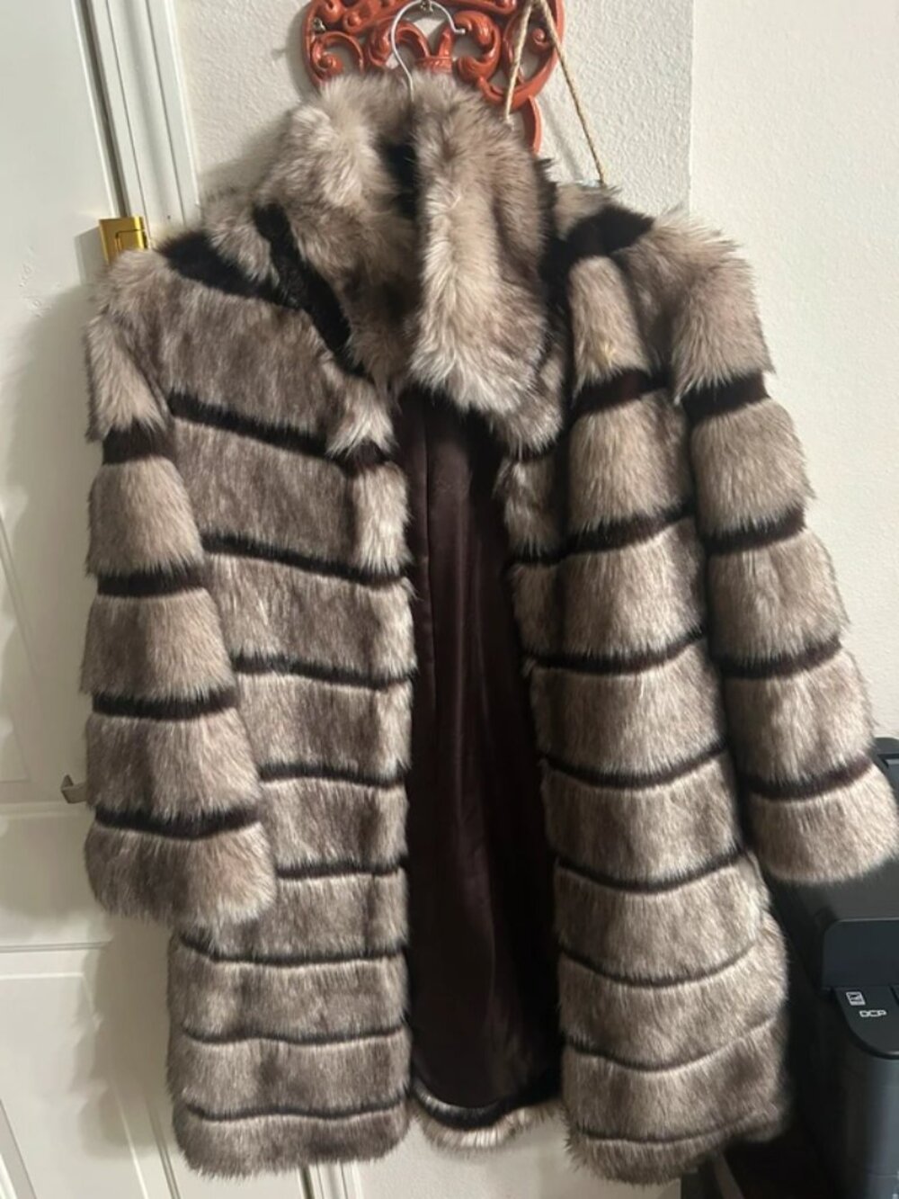 Adrienne Landau Faux Fur Long Coat Women’s M Gray Black Stripe